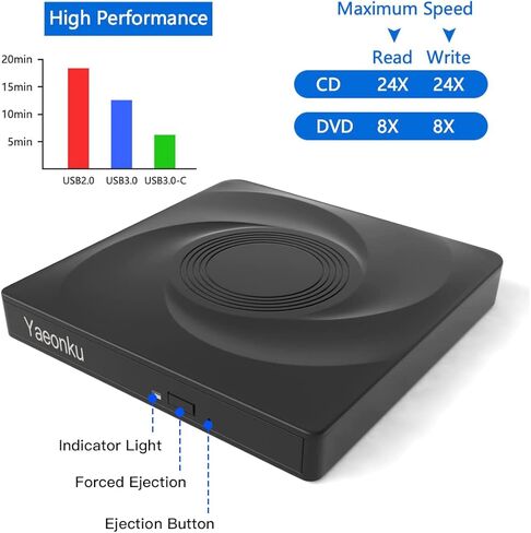 محرك أقراص DVD خارجي Yaeonku، USB 3.0 نوع C ناسخ أقراص مضغوطة محمول CD DVD +/-RW محرك أقراص ضوئي رفيع CD DVD ROM إعادة كتابة مشغل CD/DVD قارئ كاتب لأجهزة الكمبيوتر المحمول وسطح المكتب MacBook PC Windows Linux Mac OS (أسود) in Kuwait