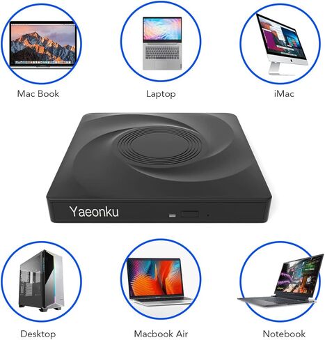 محرك أقراص DVD خارجي Yaeonku، USB 3.0 نوع C ناسخ أقراص مضغوطة محمول CD DVD +/-RW محرك أقراص ضوئي رفيع CD DVD ROM إعادة كتابة مشغل CD/DVD قارئ كاتب لأجهزة الكمبيوتر المحمول وسطح المكتب MacBook PC Windows Linux Mac OS (أسود) in Kuwait