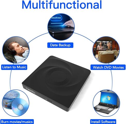محرك أقراص DVD خارجي Yaeonku، USB 3.0 نوع C ناسخ أقراص مضغوطة محمول CD DVD +/-RW محرك أقراص ضوئي رفيع CD DVD ROM إعادة كتابة مشغل CD/DVD قارئ كاتب لأجهزة الكمبيوتر المحمول وسطح المكتب MacBook PC Windows Linux Mac OS (أسود) in Kuwait