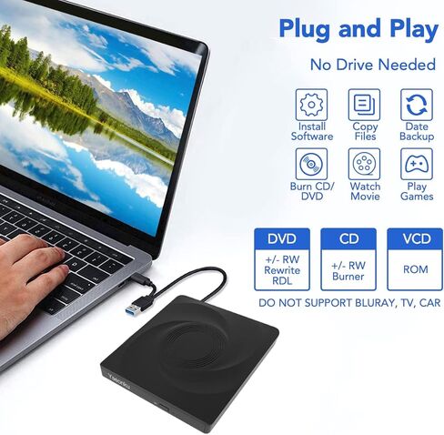 محرك أقراص DVD خارجي Yaeonku، USB 3.0 نوع C ناسخ أقراص مضغوطة محمول CD DVD +/-RW محرك أقراص ضوئي رفيع CD DVD ROM إعادة كتابة مشغل CD/DVD قارئ كاتب لأجهزة الكمبيوتر المحمول وسطح المكتب MacBook PC Windows Linux Mac OS (أسود) in Kuwait
