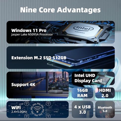 كمبيوتر CyberGeek Nano Mini PC Win 11 Pro، Intel N5095A رباعي النواة (Beat N5105) يصل إلى 2.9 جيجا هرتز، ذاكرة الوصول العشوائي 16 جيجابايت 3200 ميجا هرتز، كمبيوتر صغير 1 تيرابايت SSD، سطح مكتب صغير يدعم شاشة مزدوجة 4K، USB-C، WiFi/BT، RJ45/HDMI/ فيسا in Kuwait