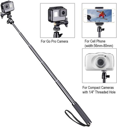 Smatree Extendable Aluminum Selfie Stick/Monopod Compatible for G*pro 12/11/10/9/Max/8/7/6/5/4/3+/2018/Insta360 One/AKASO GeekPro SJCAM SJ4000 SJ5000, for DJI Action 3/4 Camera in Kuwait