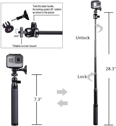 Smatree Extendable Aluminum Selfie Stick/Monopod Compatible for G*pro 12/11/10/9/Max/8/7/6/5/4/3+/2018/Insta360 One/AKASO GeekPro SJCAM SJ4000 SJ5000, for DJI Action 3/4 Camera in Kuwait
