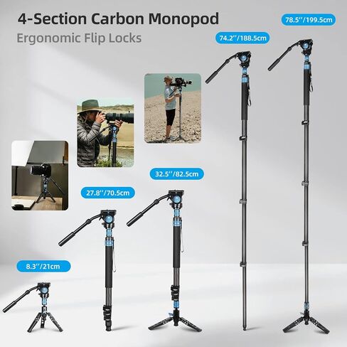 SIRUI P-424FL Carbon Fiber Camera Monopod Kit, 78" Heavy Duty Professional Video Monopod with VA-5 Fluid Video Head, Tripod Base, Flip Locks for DSLR Camera in Saudi Arabia