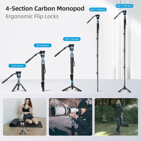 SIRUI P-424FL Carbon Fiber Camera Monopod Kit, 78" Heavy Duty Professional Video Monopod with VA-5 Fluid Video Head, Tripod Base, Flip Locks for DSLR Camera in Saudi Arabia