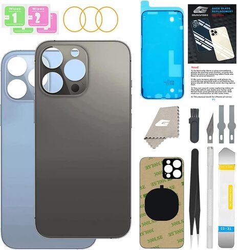 بديل الزجاج الخلفي لهاتف iPhone 13 pro max (أزرق المحيط الهادئ والجرافيت)، غطاء خلفي خلفي بفتحة كبيرة GVKVGIH قطعتان بديلتان لجميع الحاملات مع أدوات لاصقة وأدوات إصلاح مثبتة مسبقًا in Kuwait