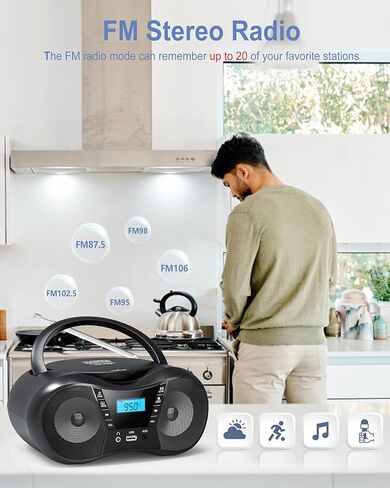 Sunoony مشغل أقراص مضغوطة محمول مع راديو FM، بلوتوث 5.1، صوت واضح، شاشة LCD، مدخل USB/AUX، يعمل بالتيار المتردد/البطارية، متوافق مع CD/CD-R/CD-RW، مقبس سماعة رأس 3.5 مم، مؤقت للنوم للمنزل وكبار السن ،أطفال in Kuwait