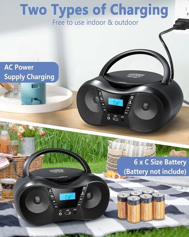 Sunoony مشغل أقراص مضغوطة محمول مع راديو FM، بلوتوث 5.1، صوت واضح، شاشة LCD، مدخل USB/AUX، يعمل بالتيار المتردد/البطارية، متوافق مع CD/CD-R/CD-RW، مقبس سماعة رأس 3.5 مم، مؤقت للنوم للمنزل وكبار السن ،أطفال in Kuwait