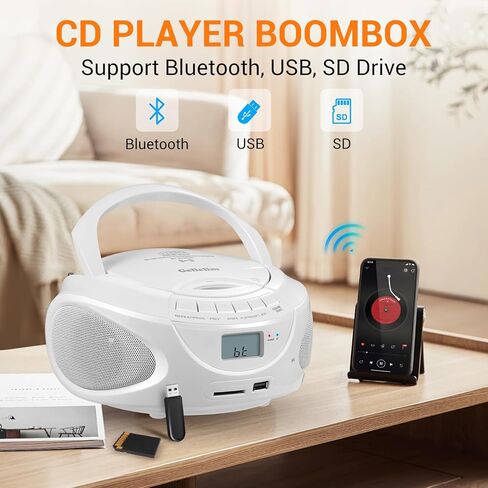 مشغل أقراص مضغوطة محمول من Gelielim، راديو AM/FM، مكبر صوت بلوتوث، يدعم CD/USB/SD/BT/AUX، مقبس سماعة الرأس، هدايا للوالدين in Kuwait