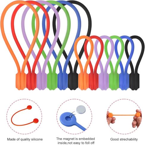 اربطة كابلات مغناطيسية، اربطة اسلاك مغناطيسية قابلة لاعادة الاستخدام من السيليكون لتجميع وتنظيم الكيبلات والاسلاك، يمكن استخدامها بعدة طرق (6 الوان - 12 قطعة) in Kuwait