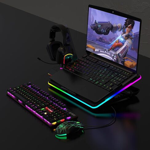 وسادة تبريد للكمبيوتر المحمول ANC160، شريط LED محيطي كامل، 15 نوعًا من تأثيرات الإضاءة، 3 مراوح هادئة قابلة للتعديل، 7 زوايا تعديل، تدعم ما يصل إلى 19 بوصة (أسود) in Kuwait