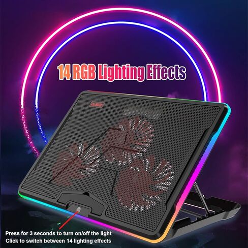 وسادة تبريد للكمبيوتر المحمول ANC160، شريط LED محيطي كامل، 15 نوعًا من تأثيرات الإضاءة، 3 مراوح هادئة قابلة للتعديل، 7 زوايا تعديل، تدعم ما يصل إلى 19 بوصة (أسود) in Kuwait