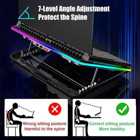 وسادة تبريد للكمبيوتر المحمول ANC160، شريط LED محيطي كامل، 15 نوعًا من تأثيرات الإضاءة، 3 مراوح هادئة قابلة للتعديل، 7 زوايا تعديل، تدعم ما يصل إلى 19 بوصة (أسود) in Kuwait