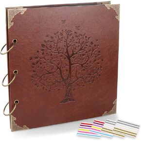 Photo Album DIY Scrapbook (10x10 inch 50 Pages Double Sided), Vintage Leather Cover Three-Ring Binder Family Picture Booth with 9 Color 408pcs Self Adhesive Photos Corners for Memory Keep, Tree