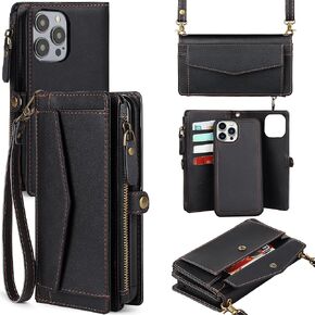 DKDKSIP for iPhone 15 Pro Max Wallet Case for Women, Support Wireless Charging with RFID Blocking Card Holder, PU Leather Zipper Wallet Detachable Magnetic Phone Case with Crossbody Strap, Purple