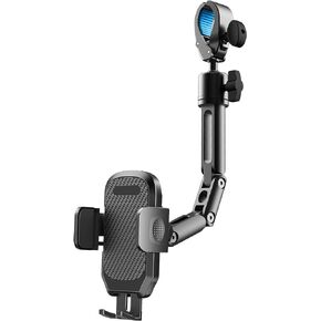 Quyee Phone Holder Car, Rear View Mirror Phone Holder - Aluminum Alloy Mount Multi-Angle Adjustment Rotatable and Retractable Compatible with All 4-7 Inch iPhone and Android Cell Phones