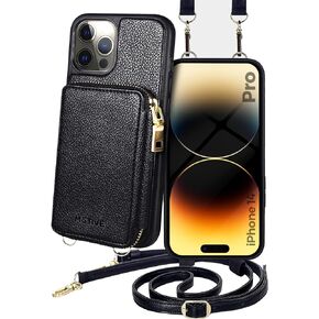MOTIVE for iPhone 14 Wallet Case, Designed in New York, Crossbody Phone Case for Apple iPhone 14, Zipper Purse Case Wallet with RFID Blocking Card Holder | 6.1" Color Black - Fancy Series