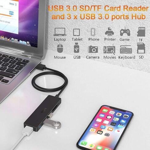 USB Hub 3.0 Splitter, TSUPY USB 3.0 Hub Multi USB Adapter Port Expander with 4ft Cable, SD/TF Card Reader & 3 USB 3.0 Ports Compatible for PC, Laptops, Surface Pro, MacBook, iMac Pro in Saudi Arabia