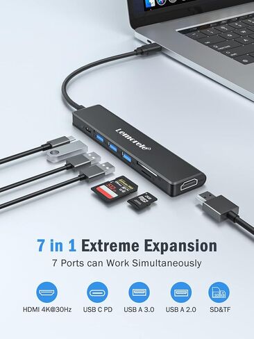 Lemorele USB C Hub 7 in 1 Adapter with HDMI 4K@30Hz, 100W PD Charging, 1 USB3.0 5Gbps Data Port, 2 USB 2.0, SD/TF, USB C Multiport Dongle for MacBook/ChromeBook/Dell/HP/Lenovo(Grey) in Kuwait