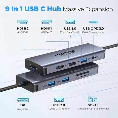 Laptop Docking Station Dual Monitor, 4URPC USB C Docking Station 3 Monitors with 2 HDMI, DisplayPort, 100W PD, 3 USB, SD/TF, USB C Hub Multiport Adapter, USB C Dock for Dell/HP/Lenovo/Surface in Kuwait