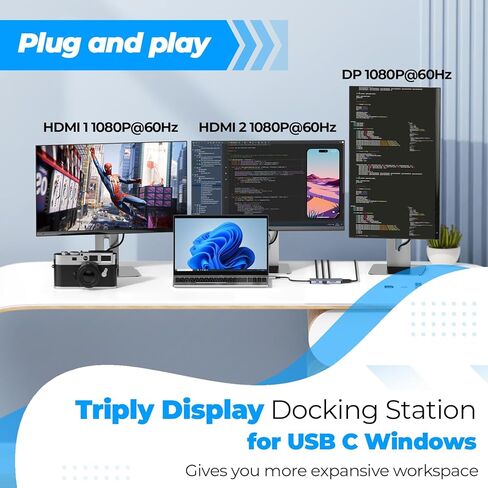Laptop Docking Station Dual Monitor, 4URPC USB C Docking Station 3 Monitors with 2 HDMI, DisplayPort, 100W PD, 3 USB, SD/TF, USB C Hub Multiport Adapter, USB C Dock for Dell/HP/Lenovo/Surface in Kuwait