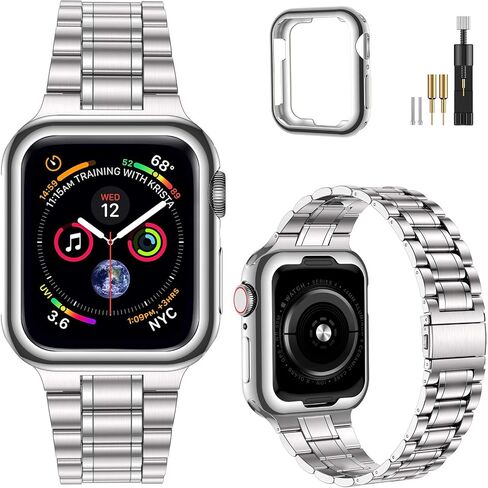 MioHHR Solid Stainless Steel Band Compatible for Apple Watch 38mm 40mm 41mm | Adjustable Metal Strap with Soft TPU Case for Women and Men, Fits iWatch Bands Series 9 8 7 6 5 4 3 2 1, SE3, SE2, SE, Gold in Kuwait
