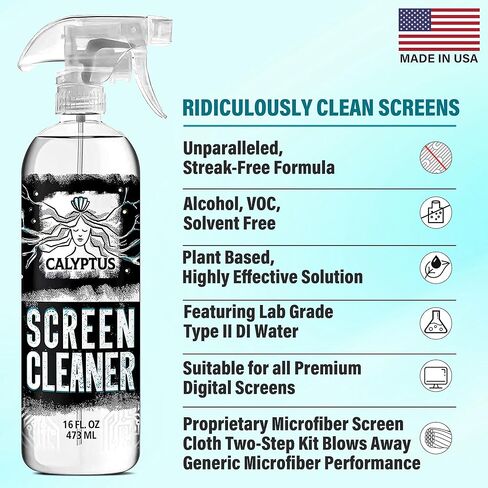 Calyptus Large Screen Cleaner Spray Kit | 32 Ounces + 4 Premium Screen Cloths | Plant Based Power | USA Made | Cleans iPad, Laptop, TV Screen Cleaner, Tablet, and Computer Monitor in Kuwait