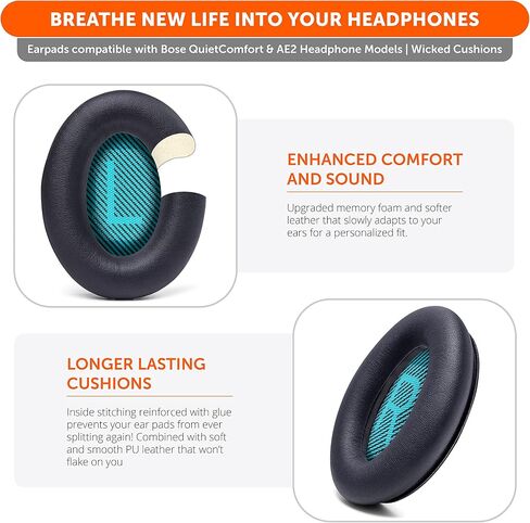 WC PadZ QC25 - Upgraded Ear Pads for Bose QC15, QC25, QC35 & 35ii | Made by Wicked Cushions | Also fits QC2, AE2, AE2i, AE2W & Soundlink. Softer Leather, Luxury Memory Foam | Black in Kuwait