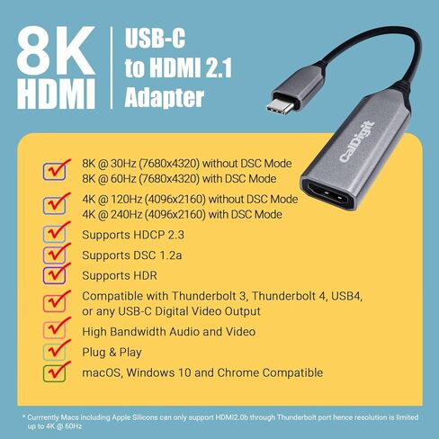 CalDigit DisplayPort 2.0 إلى HDMI 2.1 (DP إلى HDMI) محول نشط 8K 60 هرتز UHD (7680 × 4320)، تحديث عالي، ألوان 10 بت، HDR ودعم Eyefinity (DP 2.0 إلى HDMI 2.1 (8K)) in Kuwait