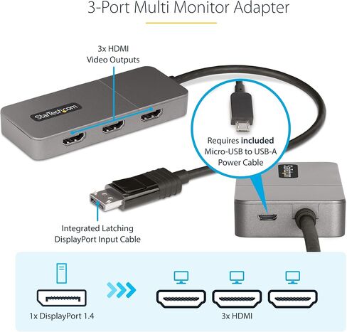 StarTech.com DP to Dual HDMI MST HUB - Dual HDMI 4K 60Hz - DisplayPort Multi Monitor Adapter with 1ft / 30cm Cable - DP 1.4 Multi Stream Transport Hub, DSC | HBR3 - DP to HDMI Splitter (MST14DP122HD) in Kuwait