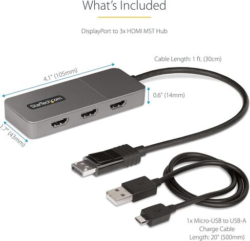 StarTech.com DP to Dual HDMI MST HUB - Dual HDMI 4K 60Hz - DisplayPort Multi Monitor Adapter with 1ft / 30cm Cable - DP 1.4 Multi Stream Transport Hub, DSC | HBR3 - DP to HDMI Splitter (MST14DP122HD) in Kuwait