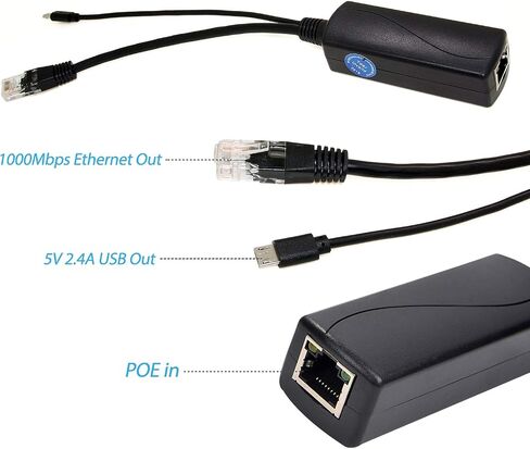Gigabit Micro USB PoE Splitter 5V 2.4A, IEEE 802.3af Standard 10/100/1000Mbps for Raspberry Pi 4, Google WiFi, Tablets, Dropcam Power Over Ethernet USB Splitter Adapter (USB0502G Black) in Kuwait