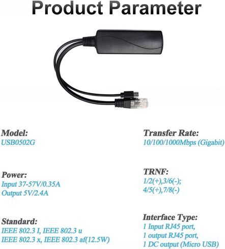 Gigabit Micro USB PoE Splitter 5V 2.4A, IEEE 802.3af Standard 10/100/1000Mbps for Raspberry Pi 4, Google WiFi, Tablets, Dropcam Power Over Ethernet USB Splitter Adapter (USB0502G Black) in Kuwait