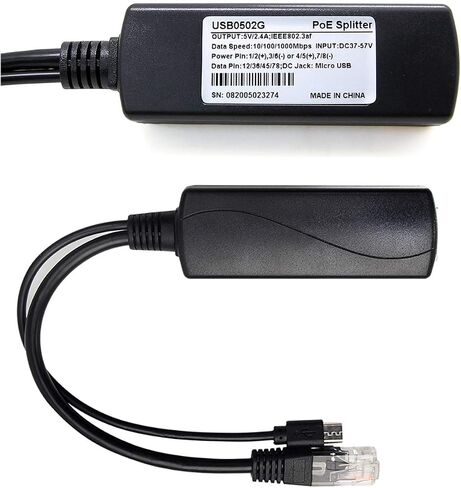 Gigabit Micro USB PoE Splitter 5V 2.4A, IEEE 802.3af Standard 10/100/1000Mbps for Raspberry Pi 4, Google WiFi, Tablets, Dropcam Power Over Ethernet USB Splitter Adapter (USB0502G Black) in Kuwait