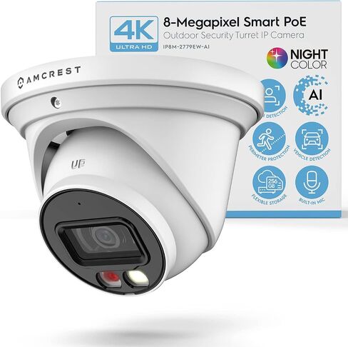 كاميرا Amcrest UltraHD 4K (8MP) IP PoE AI، لون ليلي 49 قدمًا، كاميرا برجية للأمان في الهواء الطلق، ميكروفون مدمج، كشف الإنسان، رادع نشط، 129 درجة FOV، 4K@15fps IP8M-2779EW-AI (أبيض) in Saudi Arabia