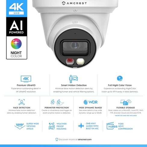 كاميرا Amcrest UltraHD 4K (8MP) IP PoE AI، لون ليلي 49 قدمًا، كاميرا برجية للأمان في الهواء الطلق، ميكروفون مدمج، كشف الإنسان، رادع نشط، 129 درجة FOV، 4K@15fps IP8M-2779EW-AI (أبيض) in Saudi Arabia