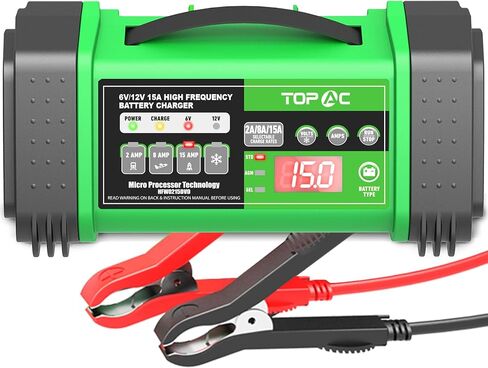 TOPAC 15 Amp Car Battery Charger, 6V and 12V Smart Fully Automatic Battery Charger Maintainer Trickle Charger for Car Truck Motorcycle Lawn Mower Boat Marine Lead Acid Batteries in Kuwait