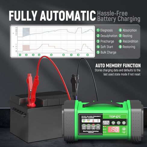 TOPAC 15 Amp Car Battery Charger, 6V and 12V Smart Fully Automatic Battery Charger Maintainer Trickle Charger for Car Truck Motorcycle Lawn Mower Boat Marine Lead Acid Batteries in Kuwait