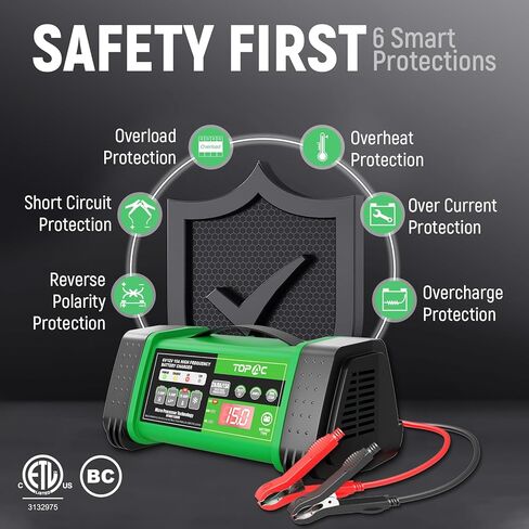 TOPAC 15 Amp Car Battery Charger, 6V and 12V Smart Fully Automatic Battery Charger Maintainer Trickle Charger for Car Truck Motorcycle Lawn Mower Boat Marine Lead Acid Batteries in Kuwait