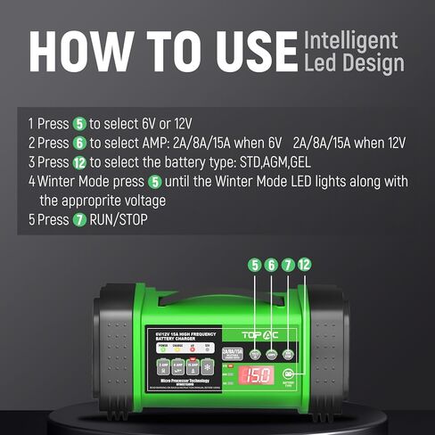 TOPAC 15 Amp Car Battery Charger, 6V and 12V Smart Fully Automatic Battery Charger Maintainer Trickle Charger for Car Truck Motorcycle Lawn Mower Boat Marine Lead Acid Batteries in Kuwait