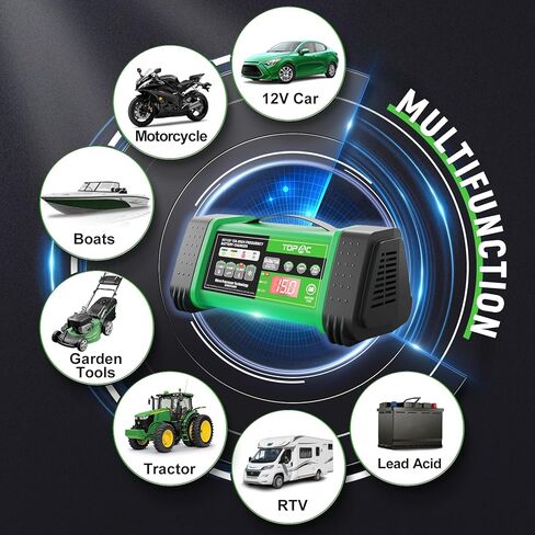 TOPAC 15 Amp Car Battery Charger, 6V and 12V Smart Fully Automatic Battery Charger Maintainer Trickle Charger for Car Truck Motorcycle Lawn Mower Boat Marine Lead Acid Batteries in Kuwait