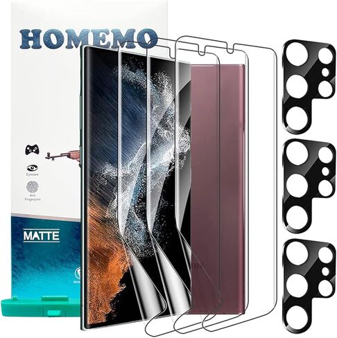 HOMEMO [3+3 عبوات] واقي شاشة Samsung Galaxy S23 Ultra [ليس زجاجيًا]، 3 عبوات من طبقة TPU المتوافقة مع بصمة الإصبع + 3 عبوات واقي عدسة كاميرا من الزجاج المقوى لهاتف Galaxy S23 Ultra 5G 6.8 بوصة in Kuwait