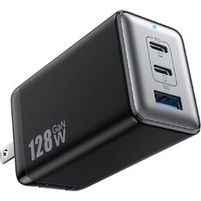 شاحن حائط USB C بقدرة 128 وات، محطة شحن سريعة GaN III بثلاثة منافذ، كتلة شاحن قابلة للطي PD QC، محول كمبيوتر محمول USB C بقدرة 65 وات لأجهزة MacBook Pro/Air، iPad Pro، Galaxy S23، Dell XPS 13، iPhone 15/Pro إلخ أسود