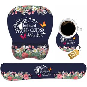 Mouse Pad Wrist Support and Keyboard Wrist Rest Set with Coasters, Inspirational Quote Be a Flamingo in a Flock Pigeons with Non-Slip PU Base Ergonomic Mousepad for Computer Laptop Home Office