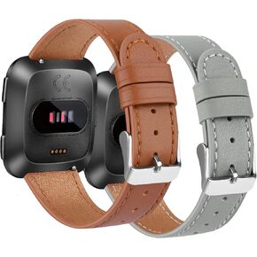 BOTNUW 2 Pack Leather Bands Compatible with Fitbit Versa 2 Bands/Versa Bands/Fitbit Versa SE/Versa Lite Wristbands Fitness Smart Watch, Soft Replacement Leather Strap Bands for Women Men