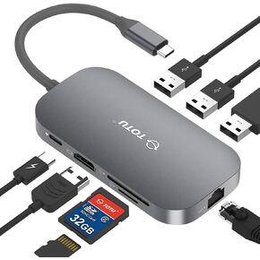 موزع USB C، موزع نوع C 9 في 1 مع منفذ ايثرنت، 4K USB C الى HDMI، منفذين USB 3.0، 1 منفذ USB 2.0، قارئ بطاقات SD/TF، توصيل طاقة USB-C، محمول لاجهزة ماك برو وغيرها من اجهزة اللابتوب من النوع C