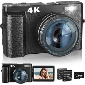 DSOEKEU 4K Digital Camera Flash & Selfie,48MP Camera for Photography Autofocus 16X Zoom,Anti-Shake Vlogging Camera Compact Travel Digital Cameras Flip Screen,32GB Memory Card,Two Batteries Black in Kuwait