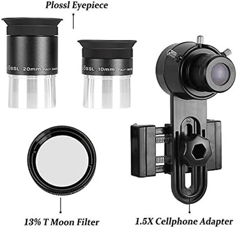 طقم إكسسوارات التلسكوب مقاس 1.25 بوصة - قطعتان من عدسات PLOSSL من المواصفات المختلفة، فلتر نقل القمر بنسبة 13% ومحول للهاتف الخلوي مع عدسة 1.5X بارلو in Kuwait