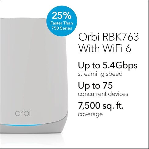 Netgear Orbi RBK763-100NAR AX5400 Tri-band WiFi 6 Mesh System, 5.4Gbps, Router and 2 Satellites (Renewed) in Saudi Arabia