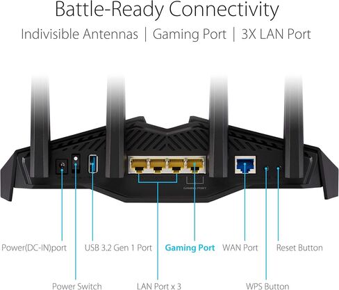 راوتر الألعاب ASUS RT-AX82U AX5400 ثنائي النطاق WiFi 6، تسريع الألعاب، دعم الشبكة، منفذ مخصص، تعزيز الهاتف المحمول، MU-MIMO، Aura RGB (متجدد) in Saudi Arabia
